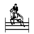black and white illustration of horseman jumping obstacle