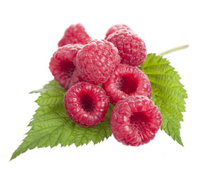 Sticker - Ripe raspberry with green leaf on white background