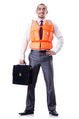 Wall Mural - Man in life jacket isolated on white