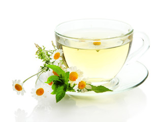 Poster - Cup of herbal tea with wild camomiles and mint, isolated