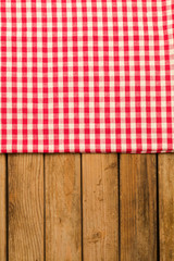 Background with tablecloth over wooden deck tabletop