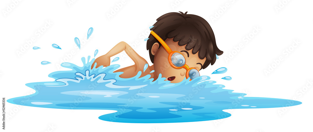 A young boy swimming with a yellow goggles - obrazy, fototapety, plakaty 
