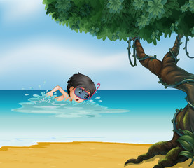 Poster - A boy swimming near an old tree