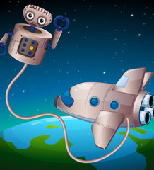 Sticker - A robot and an aircraft at the outerspace