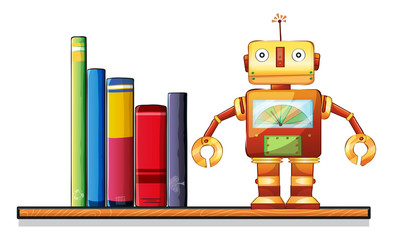 Sticker - A wooden shelf with a robot and books