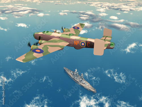 Fototapeta na wymiar Heavy Bomber Halifax and Battleship