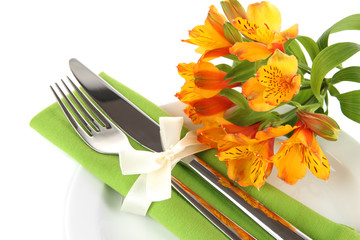 Sticker - Festive dining table setting with flowers isolated on white