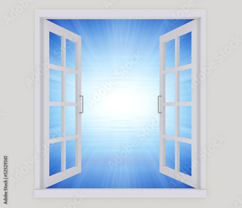  Plakaty okno z widokiem   otwarte-okno-na-bialej-scianie-ilustracja-3d