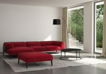 Contemporary elegant living room, red sofa, outdoor view