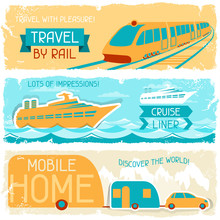 Set Of Horizontal Travel Banners In Retro Style.