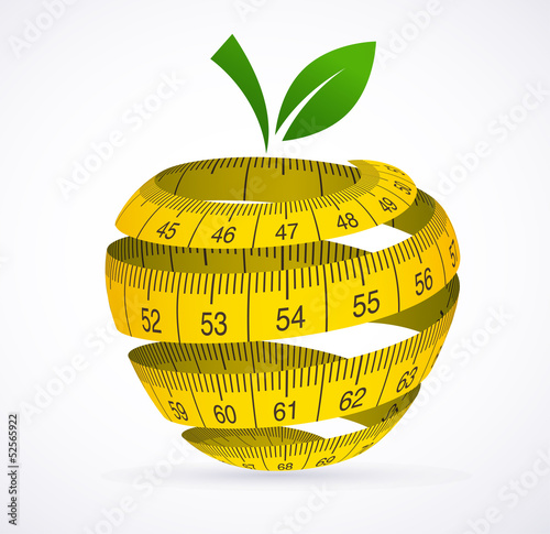 Fototapeta na wymiar Apple and measuring tape, Diet symbol