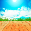 Fresh spring green grass with blue sky and wooden floor