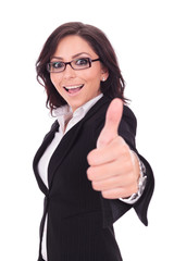 business woman shows thumb up