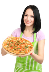 Canvas Print - Girl housewife with delicious pizza isolated on white