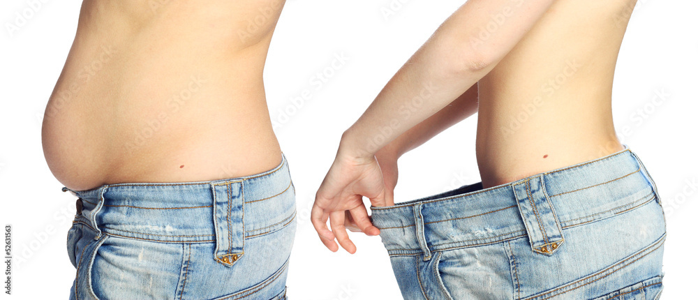 Woman belly isolated on white background from fat to thin. - obrazy, fototapety, plakaty 