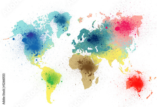 Cuadros en Lienzo Colorido mapa del mundo con salpicaduras de pintura