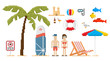 Pixel art style beach set. Vector illustration.