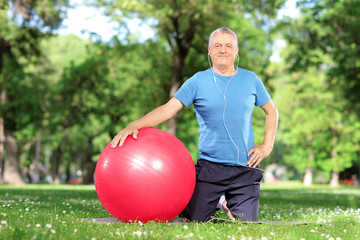 Sticker - Mature male exercising with a pilates ball in park