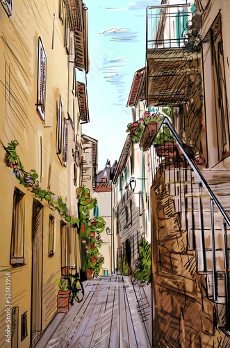 Naklejka na drzwi Old Buildings In Typical Medieval Italian City - illustration