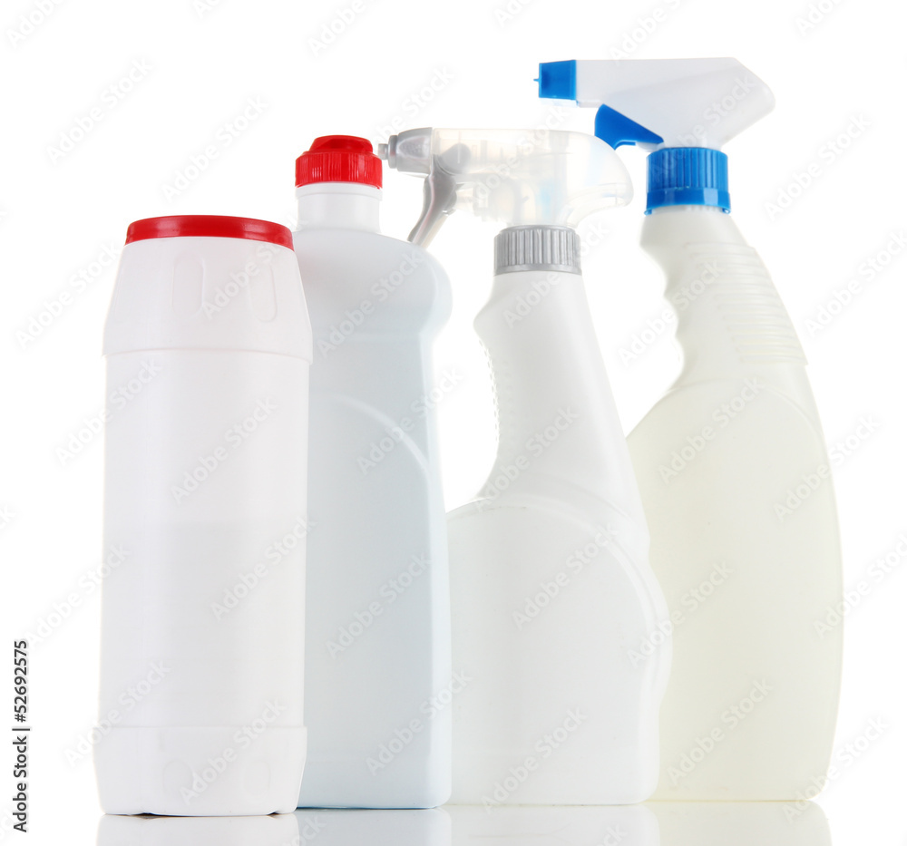 Different kinds of kitchen cleaners, isolated on white