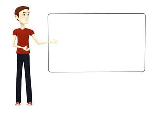 Wall Mural - 3d render of cartoon male in casual clothes with empty board