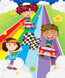 Three kids playing car racing