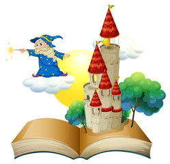 Aufkleber - A book with an image of a castle and a magician
