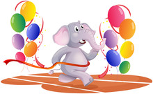 An Elephant Running With Balloons
