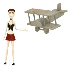 Canvas Print - 3d render of cartoon character with wooden plane