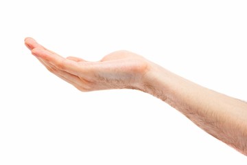 Hands of a caucasian man hold object, isolated on white