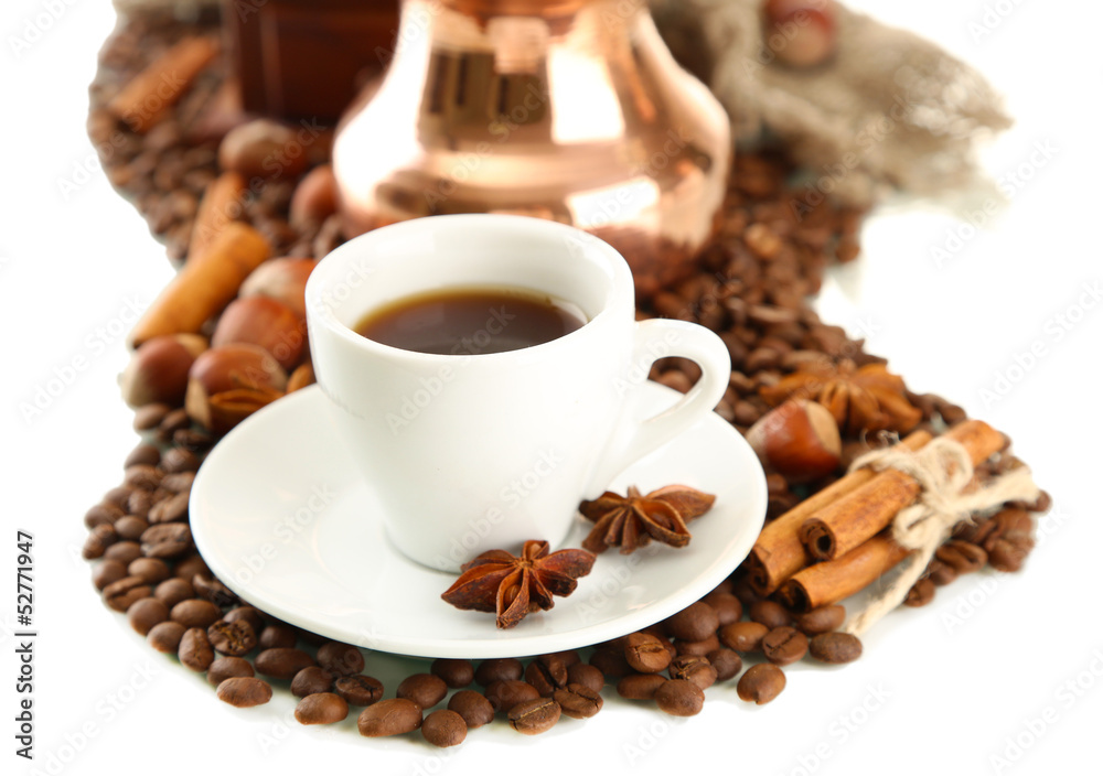Cup and pot of coffee and coffee beans, isolated on white