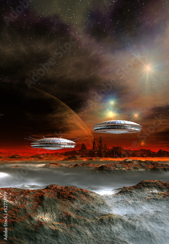 Naklejka dekoracyjna Alien Planet and Spaceships - Computer Artwork