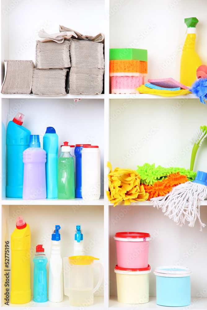 Shelves in pantry with  cleaners for home close-up