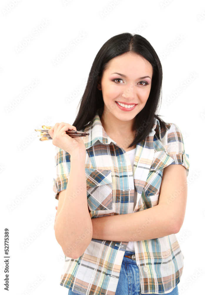 Beautiful young woman painter with brushes, isolated on white