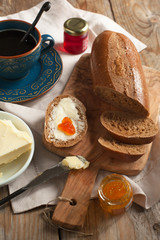 Wall Mural - Breakfast with coffee, bread, butter and jam