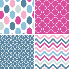 Vector set of blue and pink ikat geometric seamless patterns