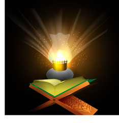 Wall Mural - Open Islamic holy book Quran Shareef in illuminated lantern lig