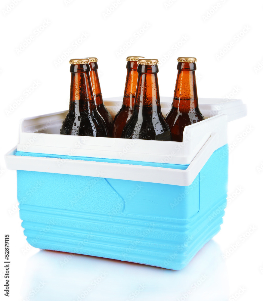 Traveling refrigerator with beer bottles isolated on white