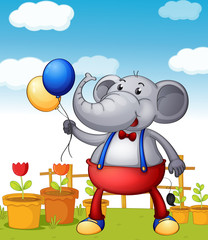 Sticker - An elephant holding balloons with pots of flower at the back