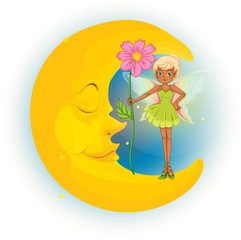 Poster - A fairy holding a flower and a sleeping moon