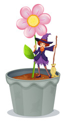 Sticker - A pot with a flower and a witch at the top