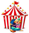 A clown sitting in front of a red circus tent