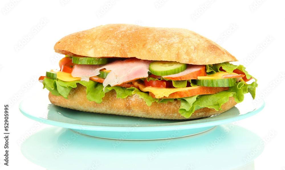Fresh and tasty sandwich with ham and vegetables isolated