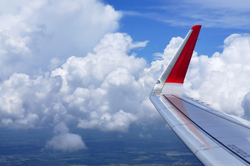 Clouds and blue sky with the wing of air plane.