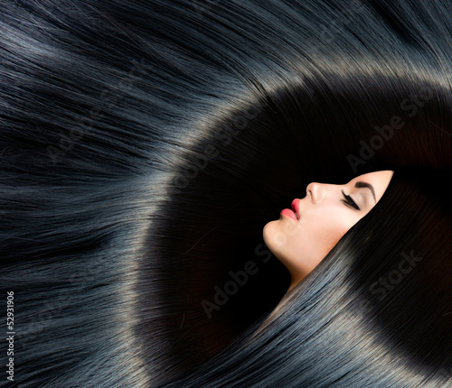 Naklejka - mata magnetyczna na lodówkę Healthy Long Black Hair. Beauty Brunette Woman