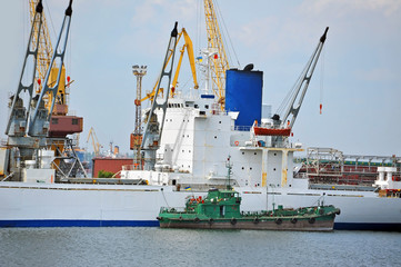 Bulk cargo ship under port crane bridge, Odessa, Ukraine