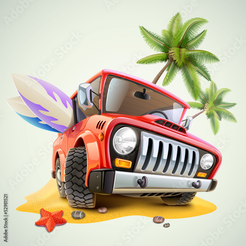 Fototapeta na wymiar summer jeep car on beach with palm