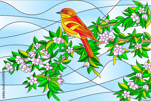 Fototapeta na wymiar Bird sitting on Tree Stained glass Painting