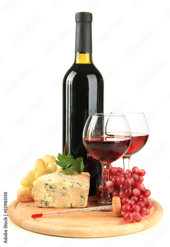Wine, tasty blue cheese and grape, isolated on white