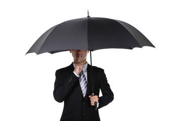 Poster - Business man asking for silence with umbrella